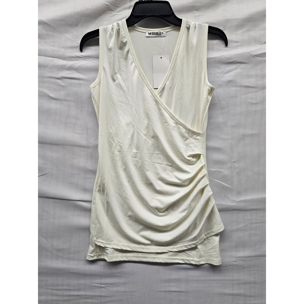 DOUBLJU Womens Wrap V-Neck Tank Top Cream Polyester Blend Casual Size Small